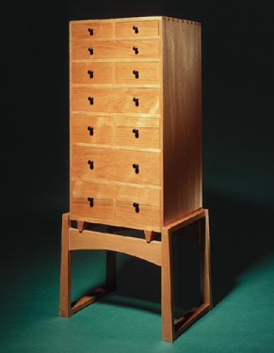 Chest of Drawers on Stand in Honduran mahogany, cherry drawer sides and back, and African blackwood handles, with through, half-blind and sliding dovetails. 52H x 18W x 15D